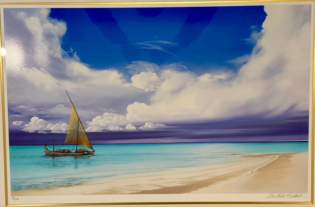 バテュ「果てしない旅」シルクスクリーン 額装 海景 ヨット 風景画 #242