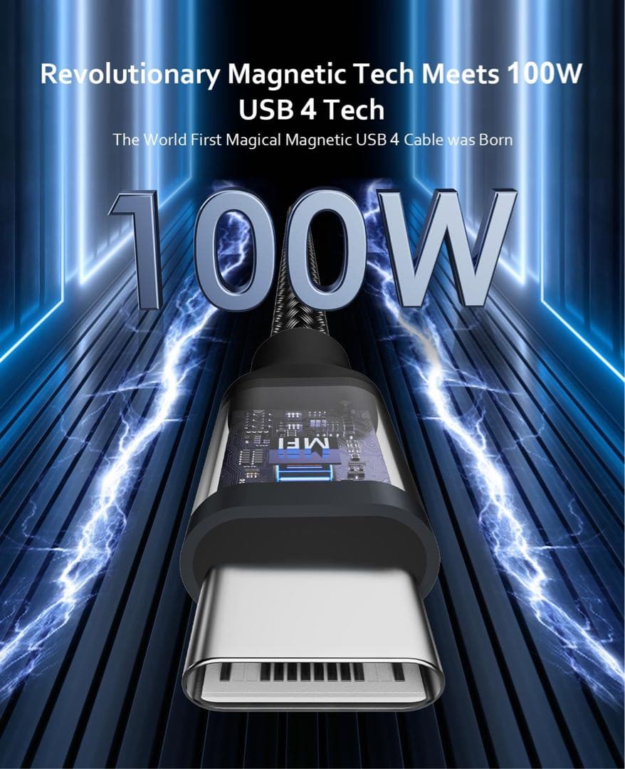 usb4.0ケーブル 磁気自動収納 type-cケーブル100W/5A急速充電