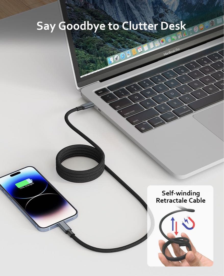 usb4.0ケーブル 磁気自動収納 type-cケーブル100W/5A急速充電