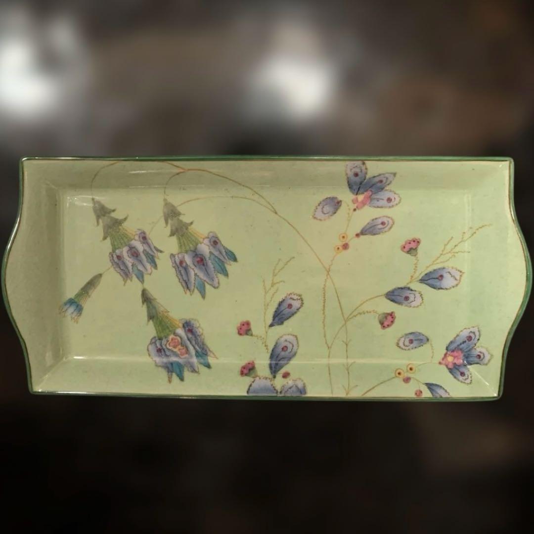 シノワズリー 陶器製 花柄トレイ 緑 紫色KW-11
