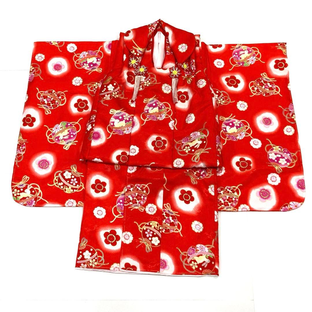 ☆新品未使用☆七五三 女の子3歳 着物　赤系鈴・花模様被布コート6点セット h1