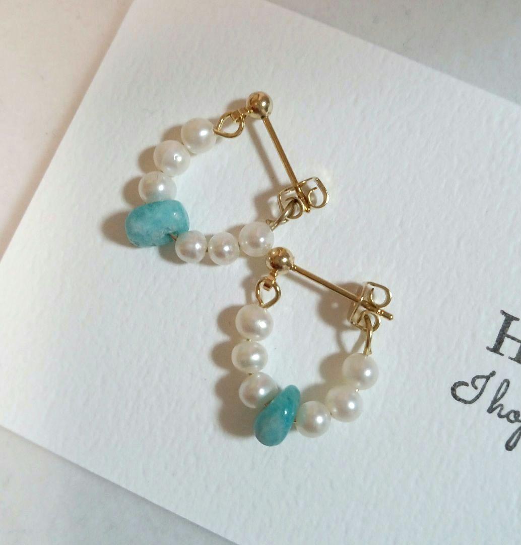1503 癒しを与える✨️　淡水パール　アマゾナイトピアス　ハンドメイド