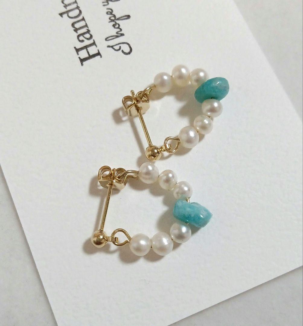 1503 癒しを与える✨️　淡水パール　アマゾナイトピアス　ハンドメイド