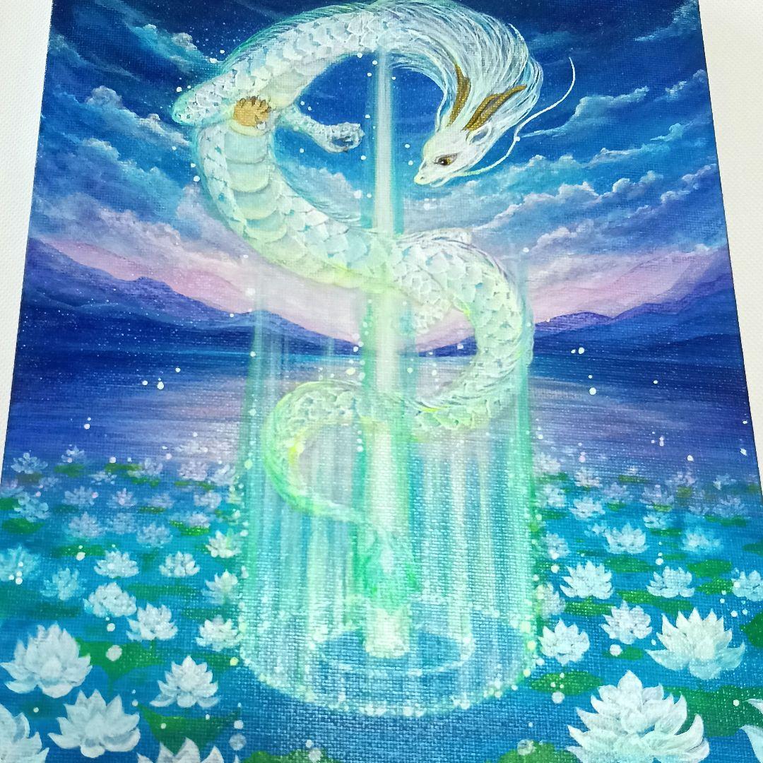 No.504 F3キャンバス　 原画　光の柱　蓮　龍神絵画　開運絵画　白龍