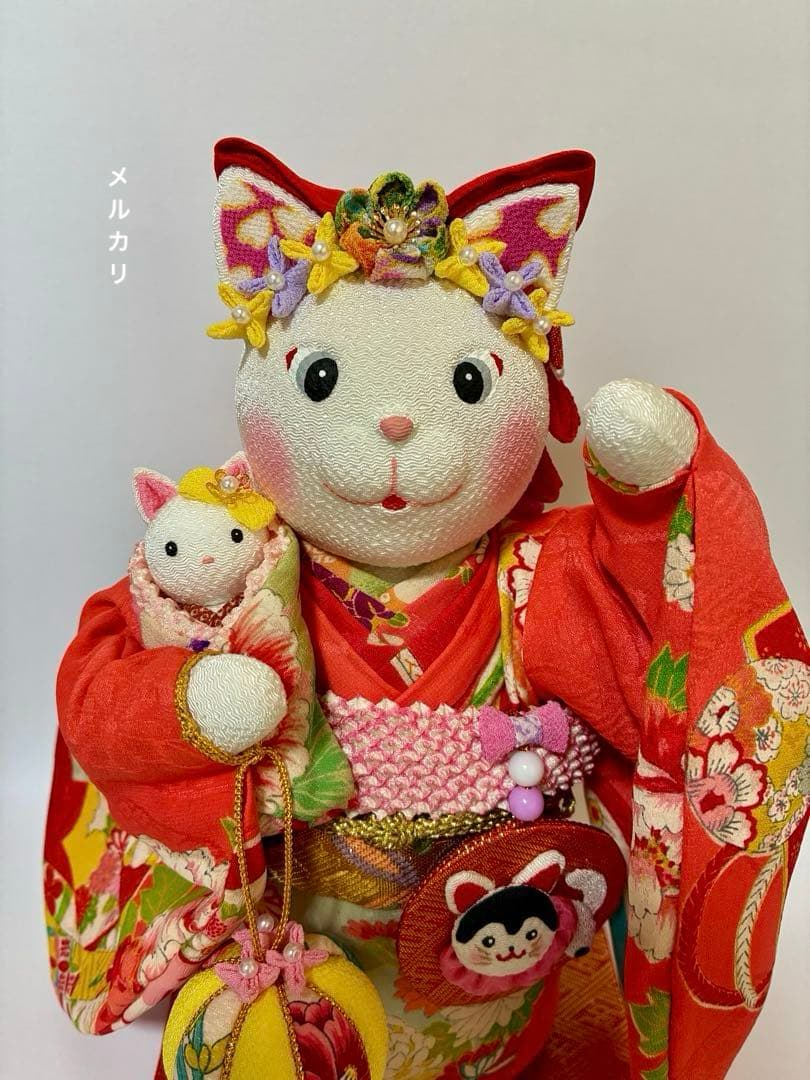 【ねこの創作人形】招き猫　こま犬飾り　まねきねこ　ちりめん細工