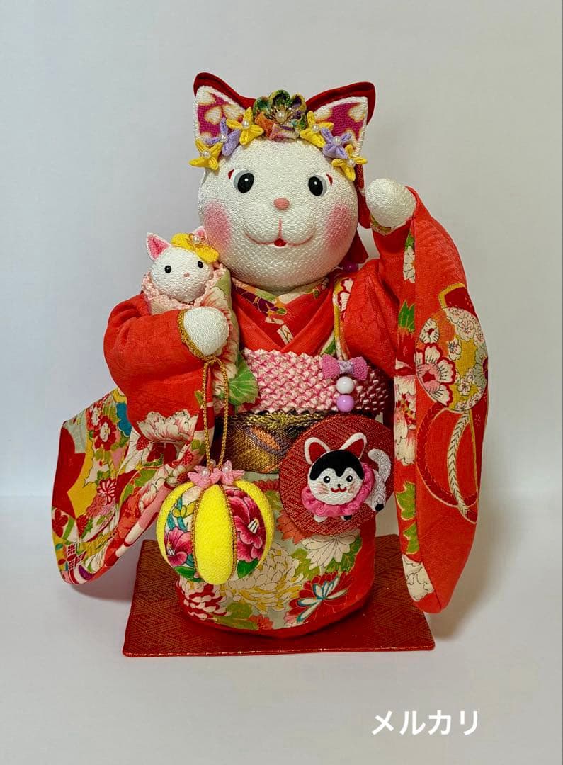 【ねこの創作人形】招き猫　こま犬飾り　まねきねこ　ちりめん細工