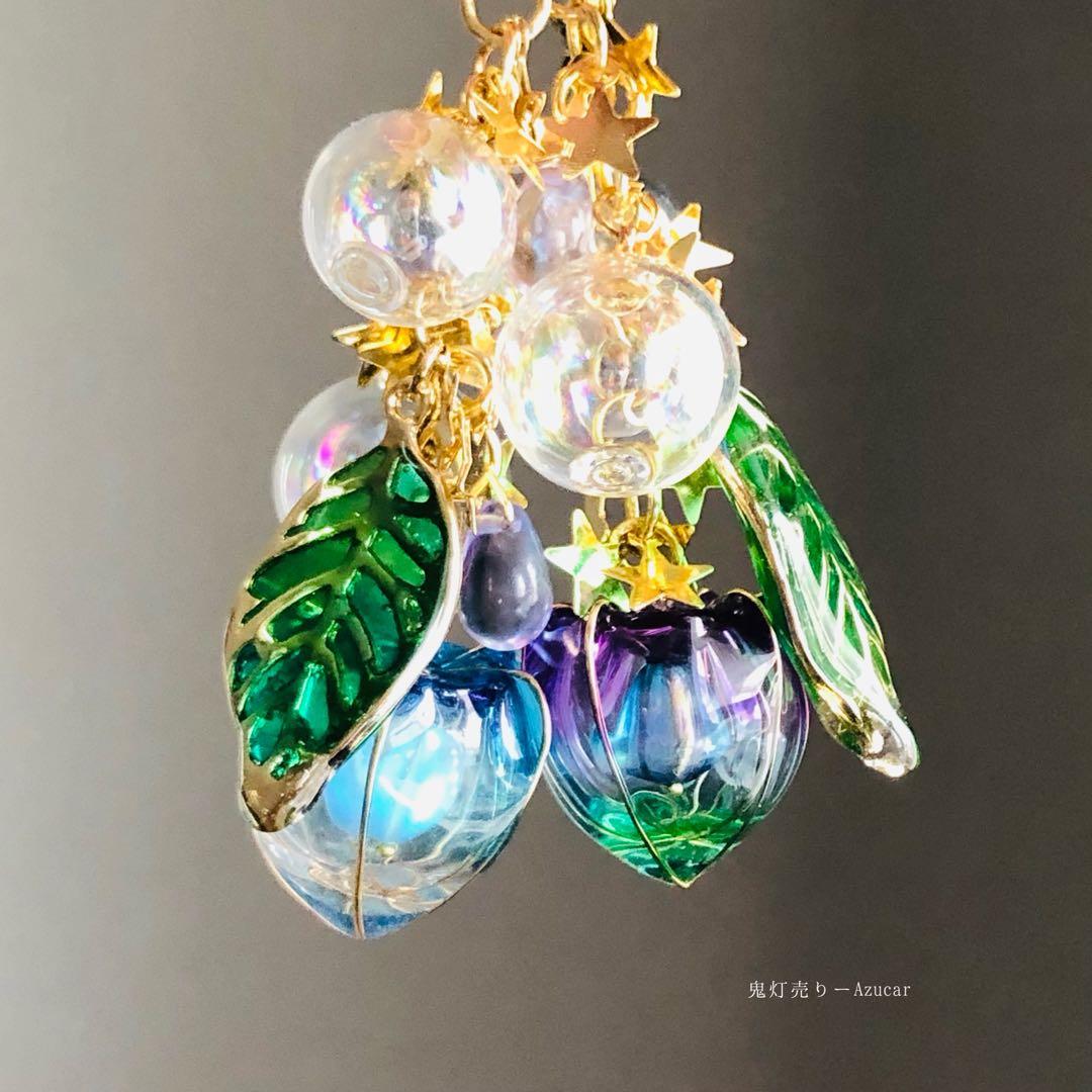 水色鬼灯とパープルグラデーションの和風ピアス　イヤリング　シャボン玉