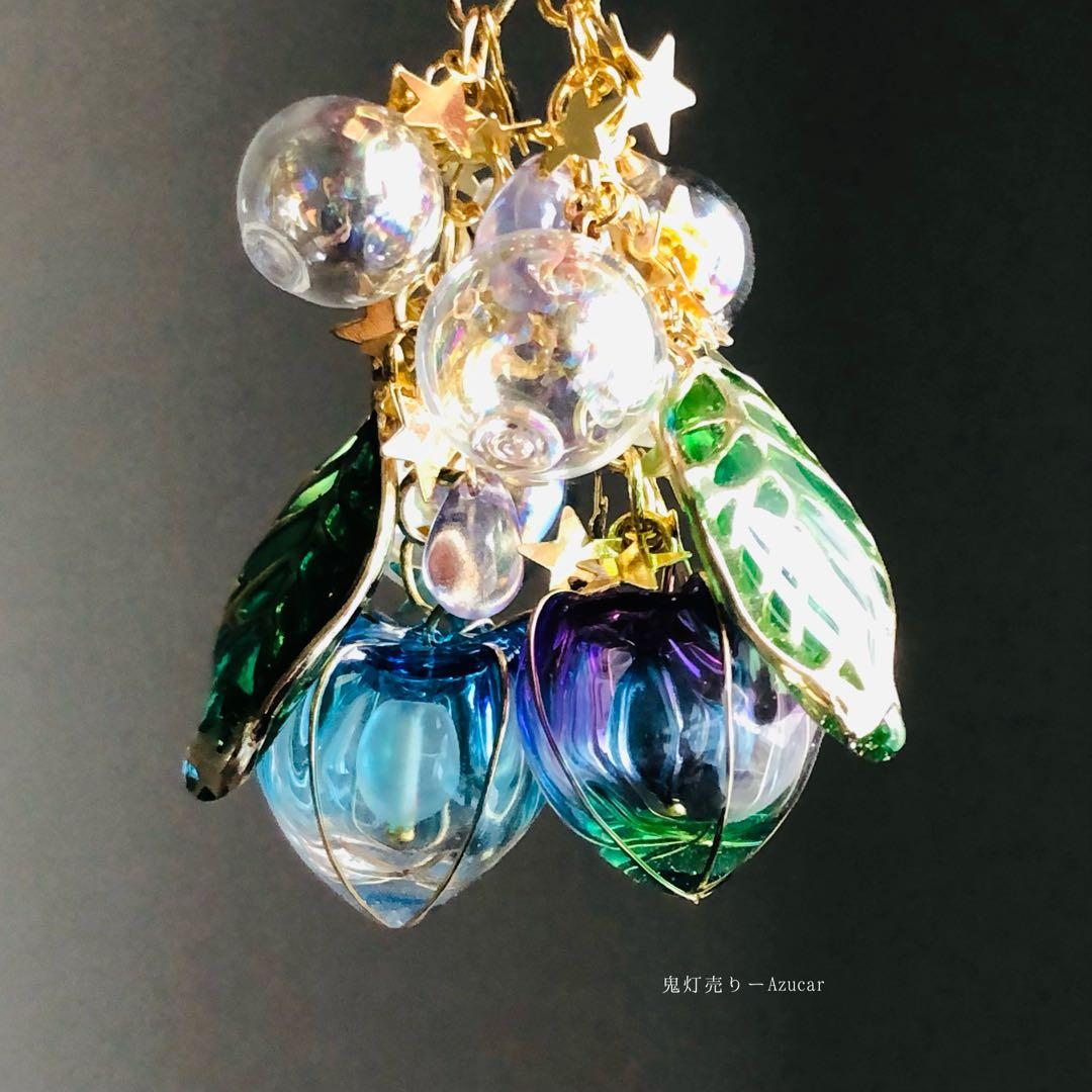 水色鬼灯とパープルグラデーションの和風ピアス　イヤリング　シャボン玉