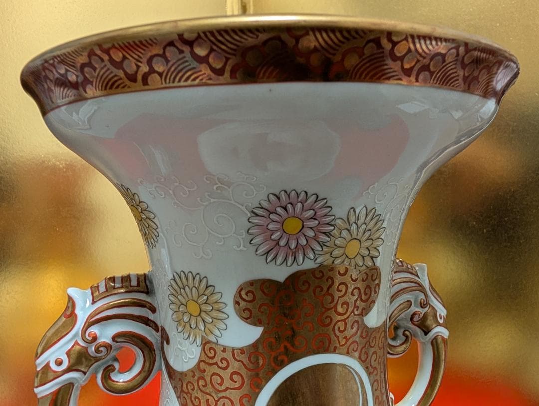 古美術　アンティーク　盤口瓶　双耳広口瓶　穿雲龍紋様　明治　九谷　谷口製