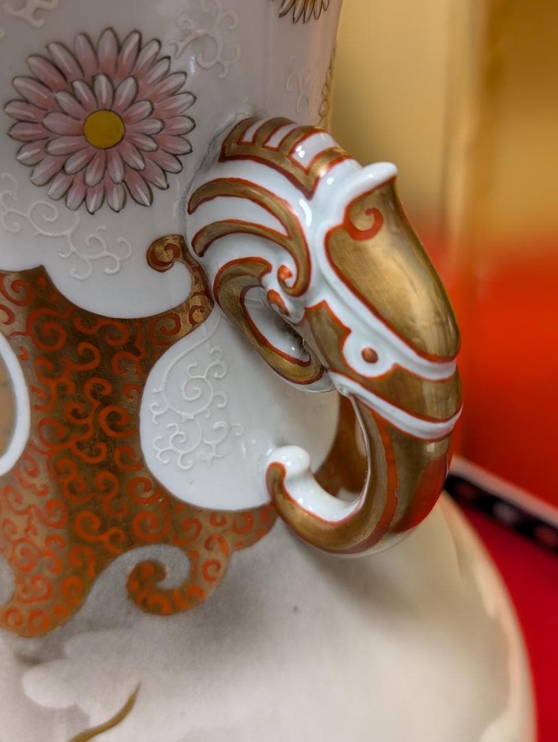 古美術　アンティーク　盤口瓶　双耳広口瓶　穿雲龍紋様　明治　九谷　谷口製