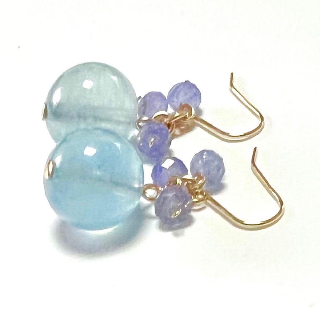 【Rtav】特価 K18 アクアマリン タンザナイト ブーケタイプ フックピアス