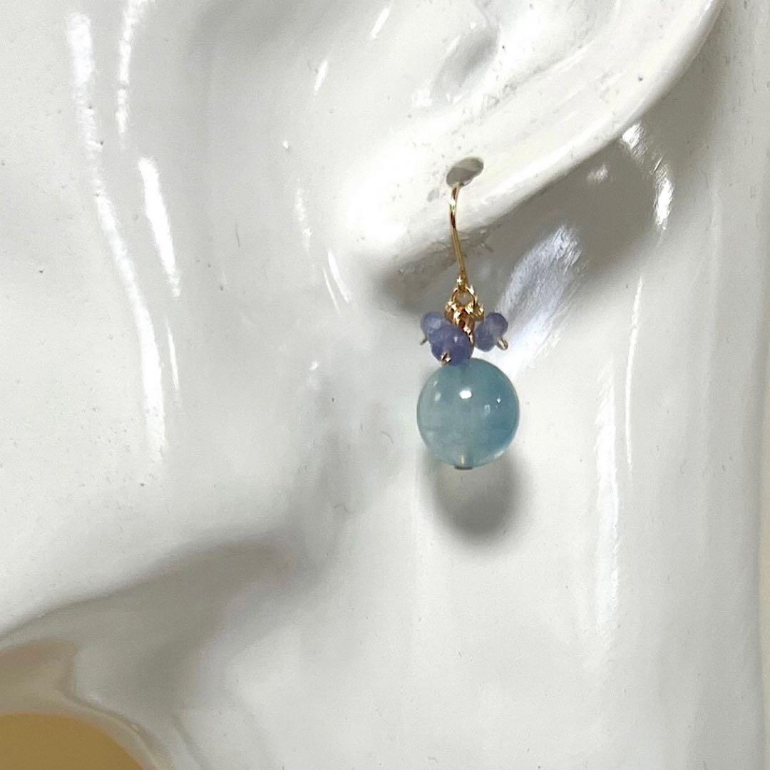 【Rtav】特価 K18 アクアマリン タンザナイト ブーケタイプ フックピアス
