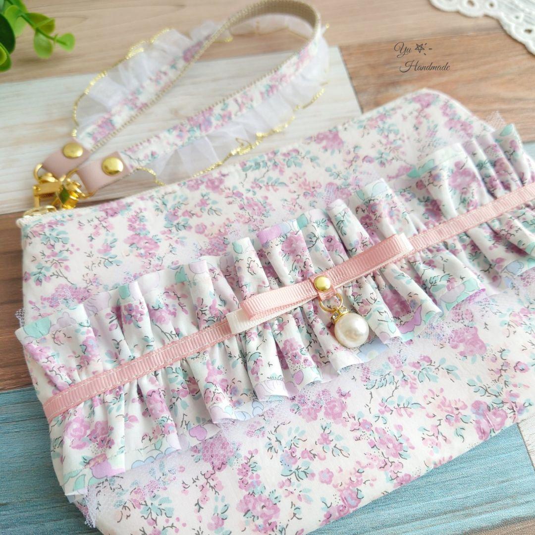 リバティ(シャドウブルーム)サイドフリル巾着ポシェット☆ハンドメイド