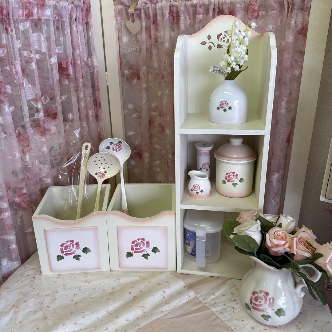 マニーローズタイルの木製引き出し付2WAYシェルフ薔薇のカッティング棚　日本製