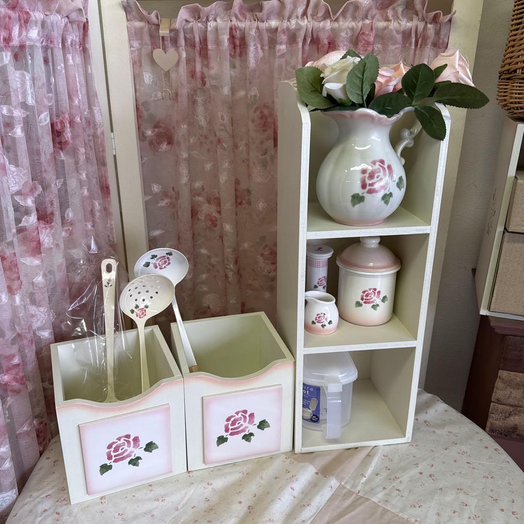 マニーローズタイルの木製引き出し付2WAYシェルフ薔薇のカッティング棚　日本製