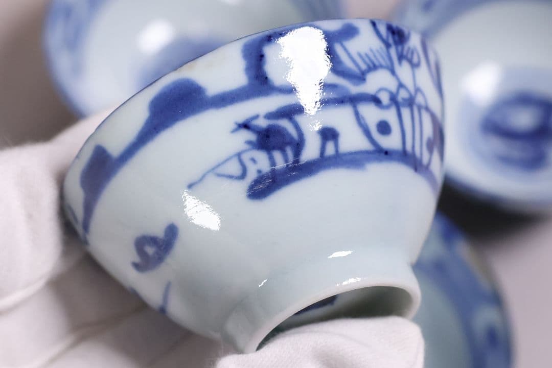 中国 染付 煎茶椀 五客 山水 鳥図 茶器 陶磁器 【MA581】