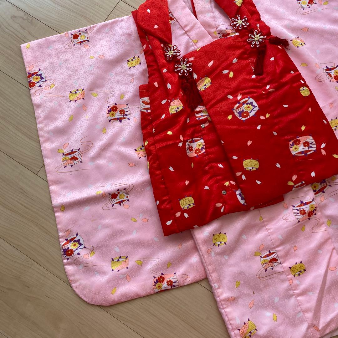 七五三 3歳 女の子 子供 着物 被布 セット　古典　レトロ　ピンク