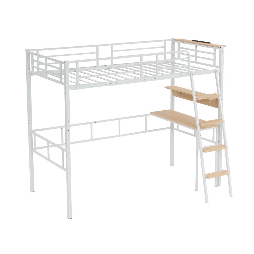 【送料無料】北欧風ロフトベッド シングル コンセント付　耐荷重150　WHITE