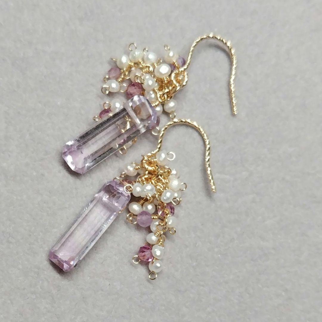 １4Kgf天然石ピアス　バケットカットピンクアメジストのJune Bride
