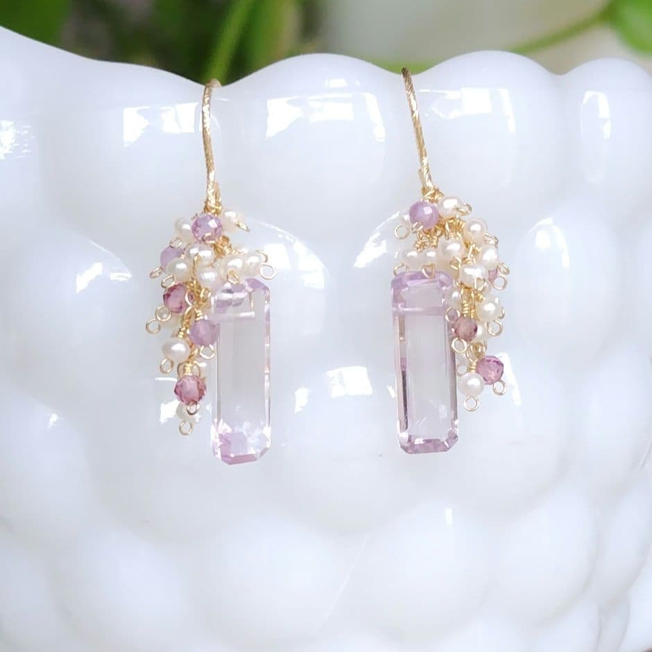 １4Kgf天然石ピアス　バケットカットピンクアメジストのJune Bride