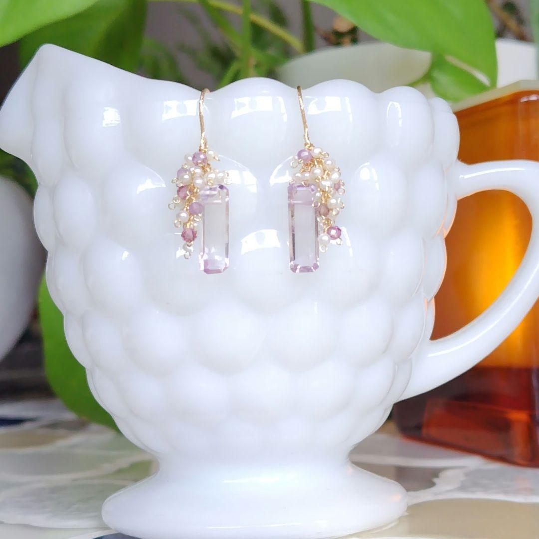 １4Kgf天然石ピアス　バケットカットピンクアメジストのJune Bride