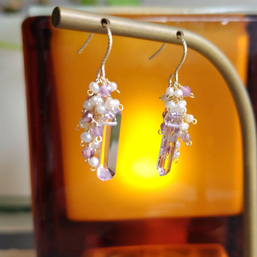 １4Kgf天然石ピアス　バケットカットピンクアメジストのJune Bride