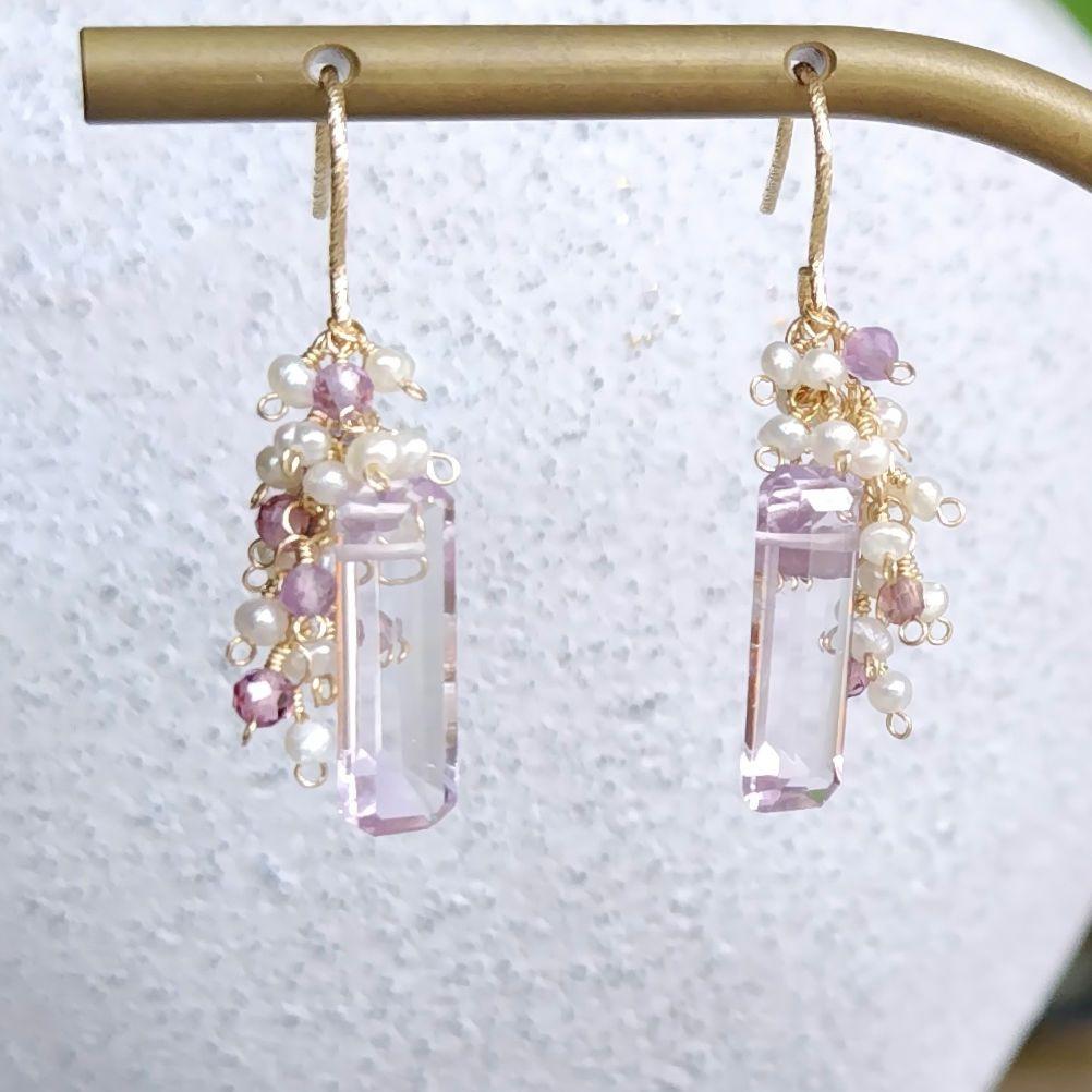 １4Kgf天然石ピアス　バケットカットピンクアメジストのJune Bride