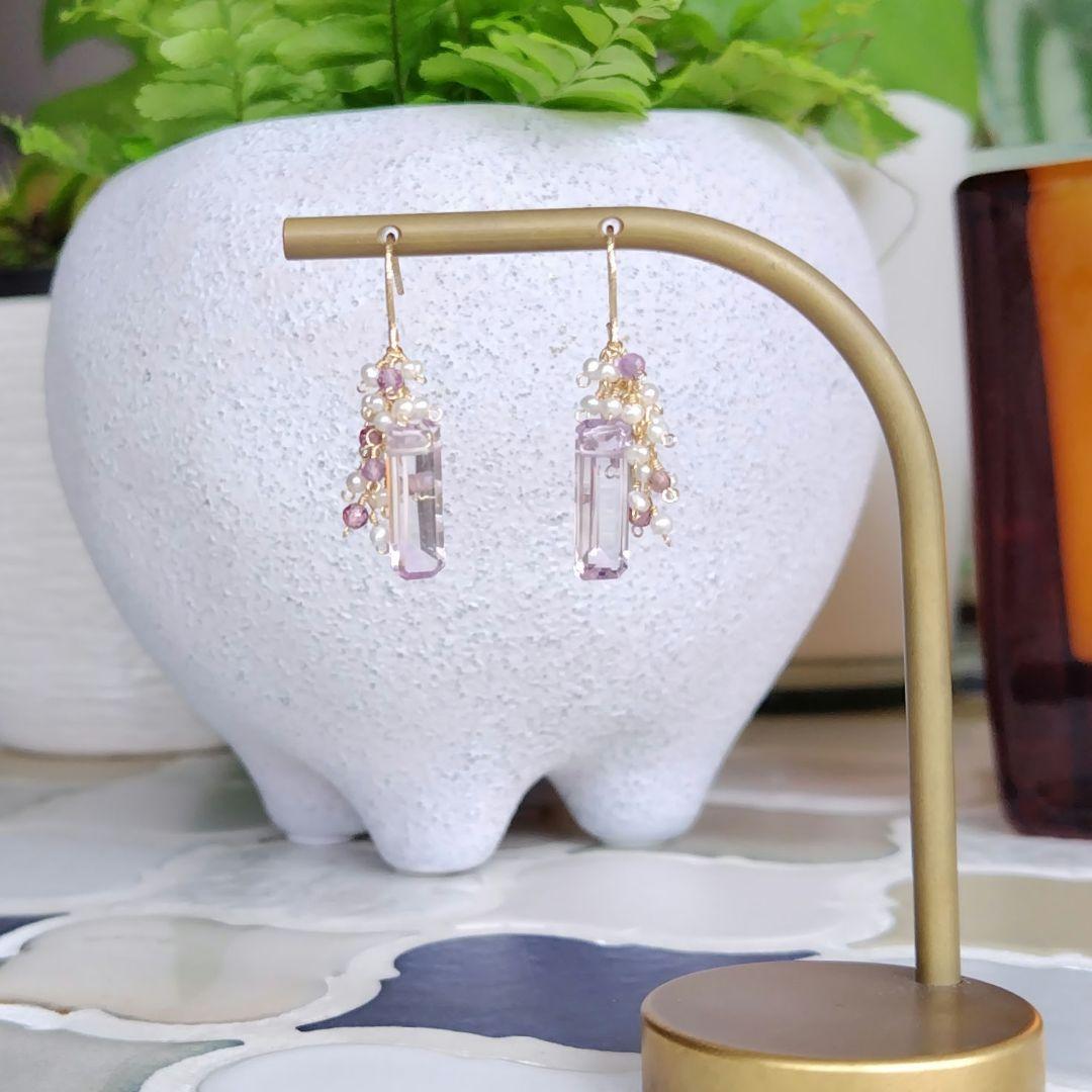 １4Kgf天然石ピアス　バケットカットピンクアメジストのJune Bride