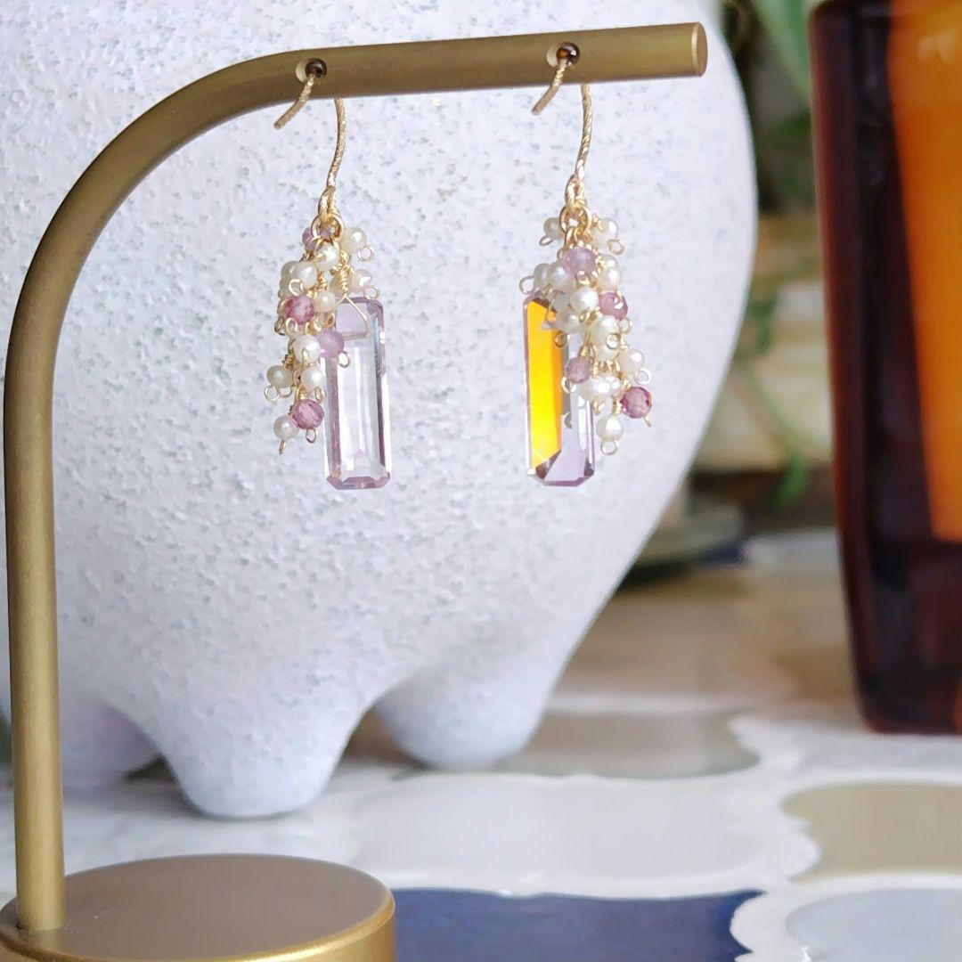 １4Kgf天然石ピアス　バケットカットピンクアメジストのJune Bride