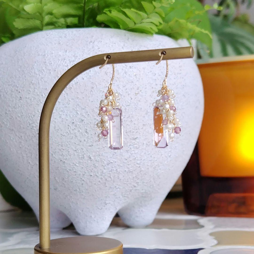 １4Kgf天然石ピアス　バケットカットピンクアメジストのJune Bride