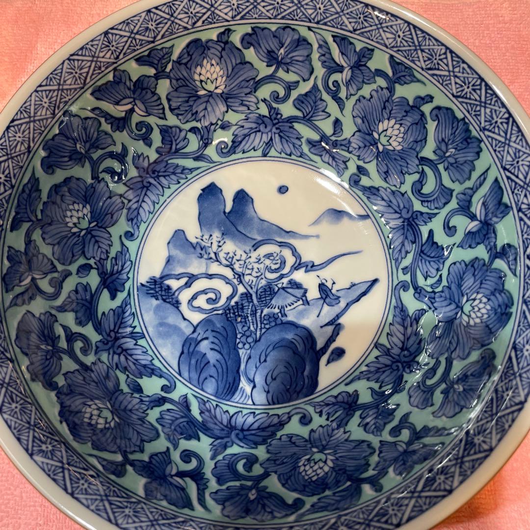 有田焼　龍峯窯　山水緑彩牡丹　染付　ラーメン　うどん　そば　5個セット