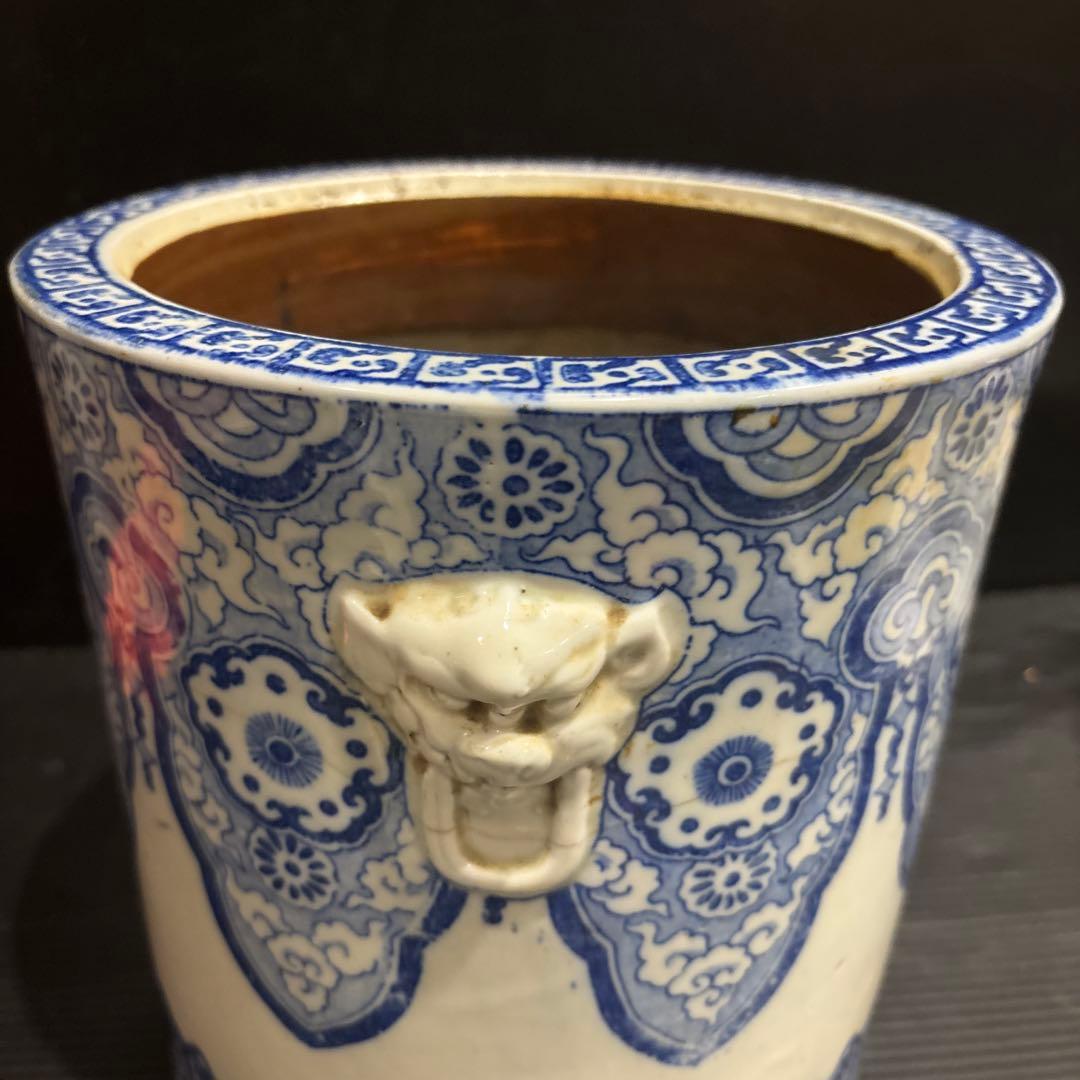 染付 火鉢 獅子耳 中国古典文様 陶器製 和インテリア