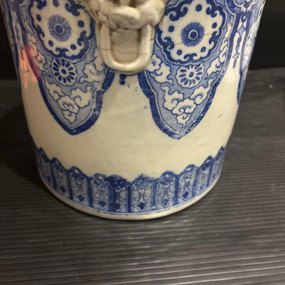 染付 火鉢 獅子耳 中国古典文様 陶器製 和インテリア