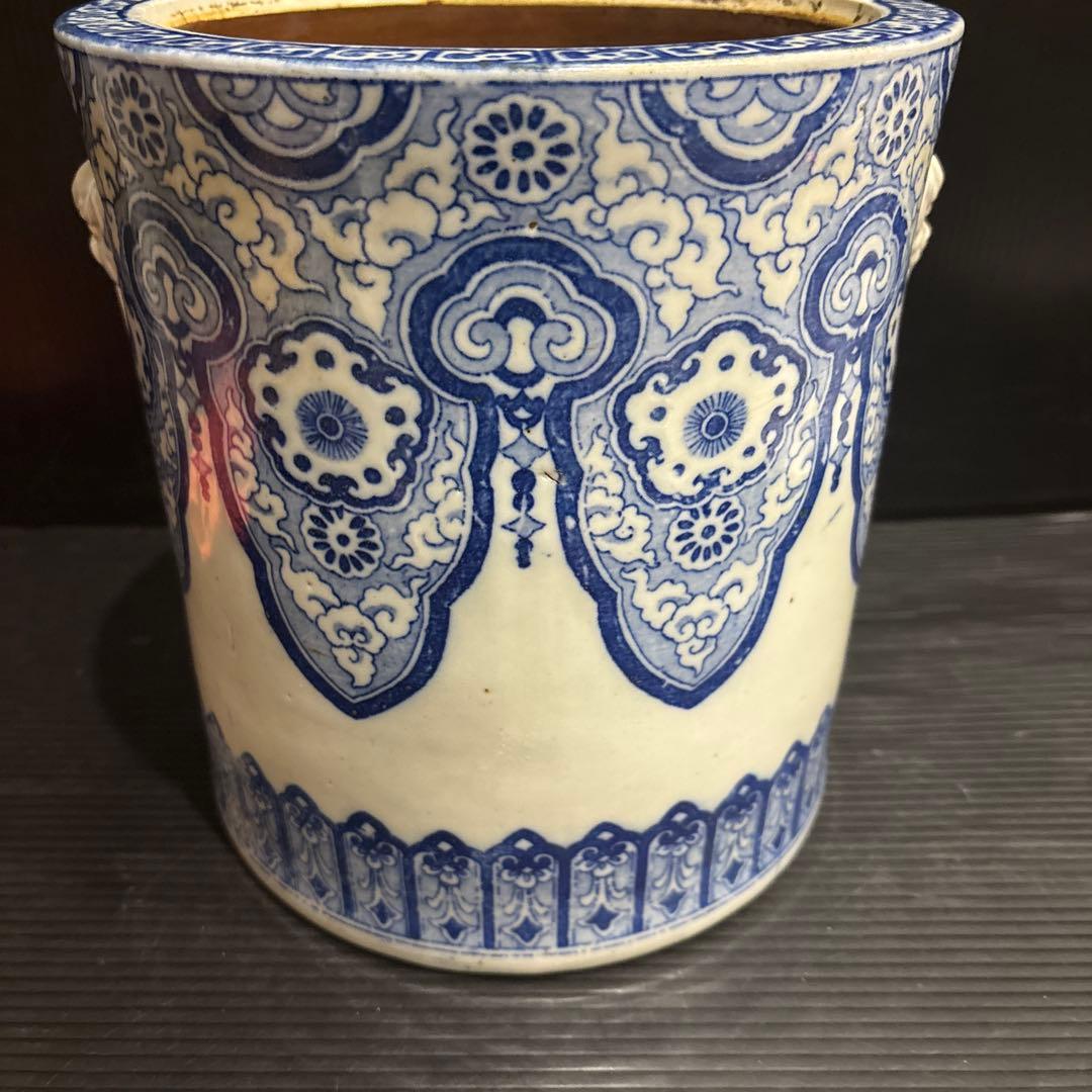 染付 火鉢 獅子耳 中国古典文様 陶器製 和インテリア