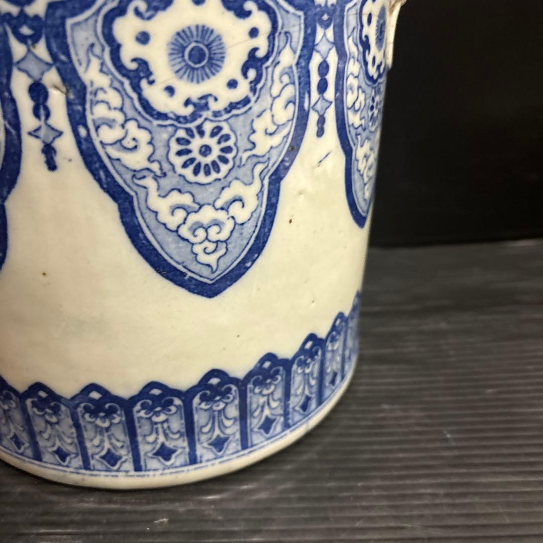 染付 火鉢 獅子耳 中国古典文様 陶器製 和インテリア