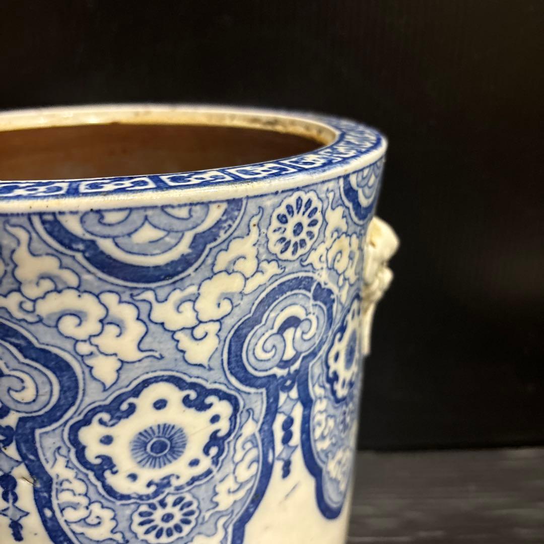 染付 火鉢 獅子耳 中国古典文様 陶器製 和インテリア