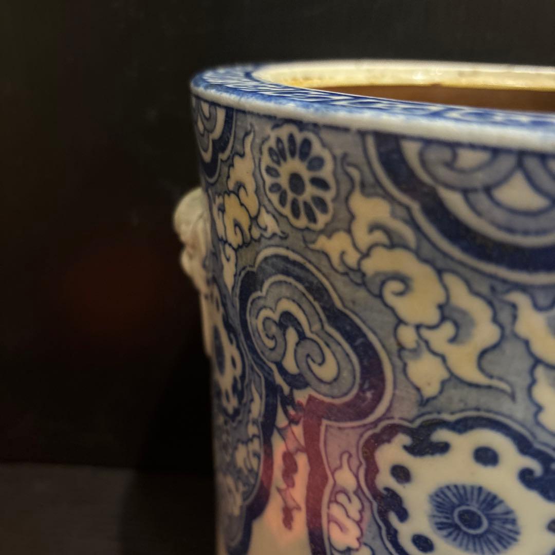 染付 火鉢 獅子耳 中国古典文様 陶器製 和インテリア