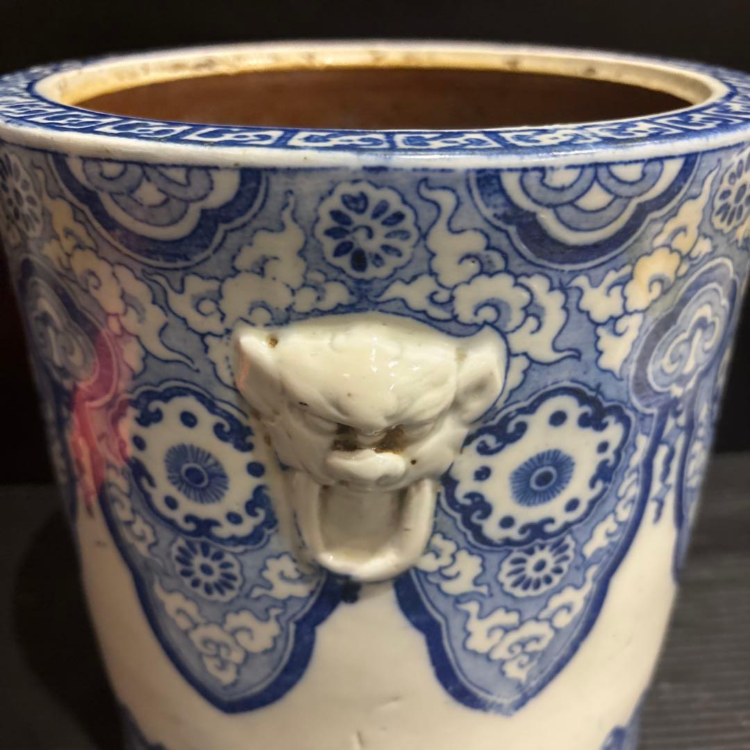 染付 火鉢 獅子耳 中国古典文様 陶器製 和インテリア