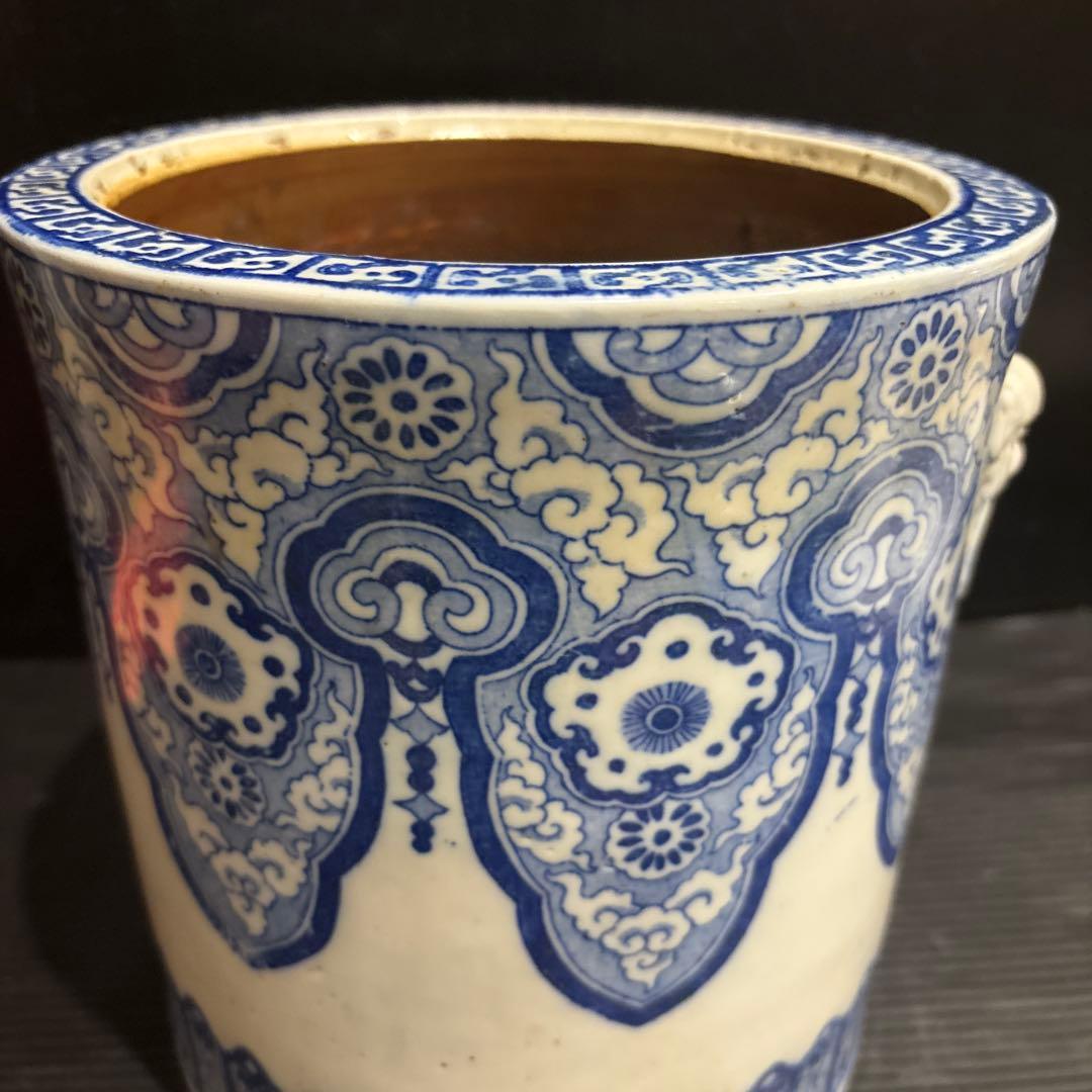 染付 火鉢 獅子耳 中国古典文様 陶器製 和インテリア