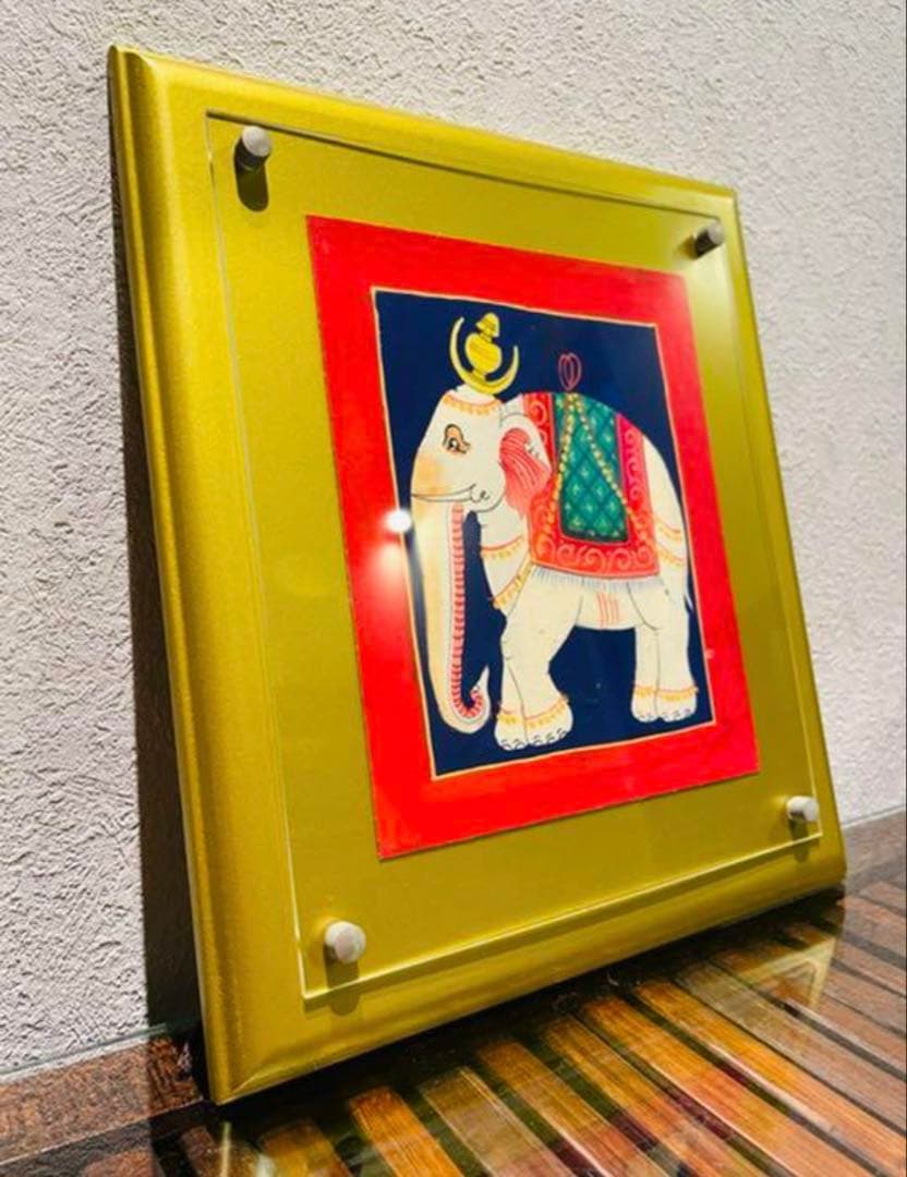 バリ絵画 22cm × 25cm 象 エレファント 神 神様　風水 縁起物 金