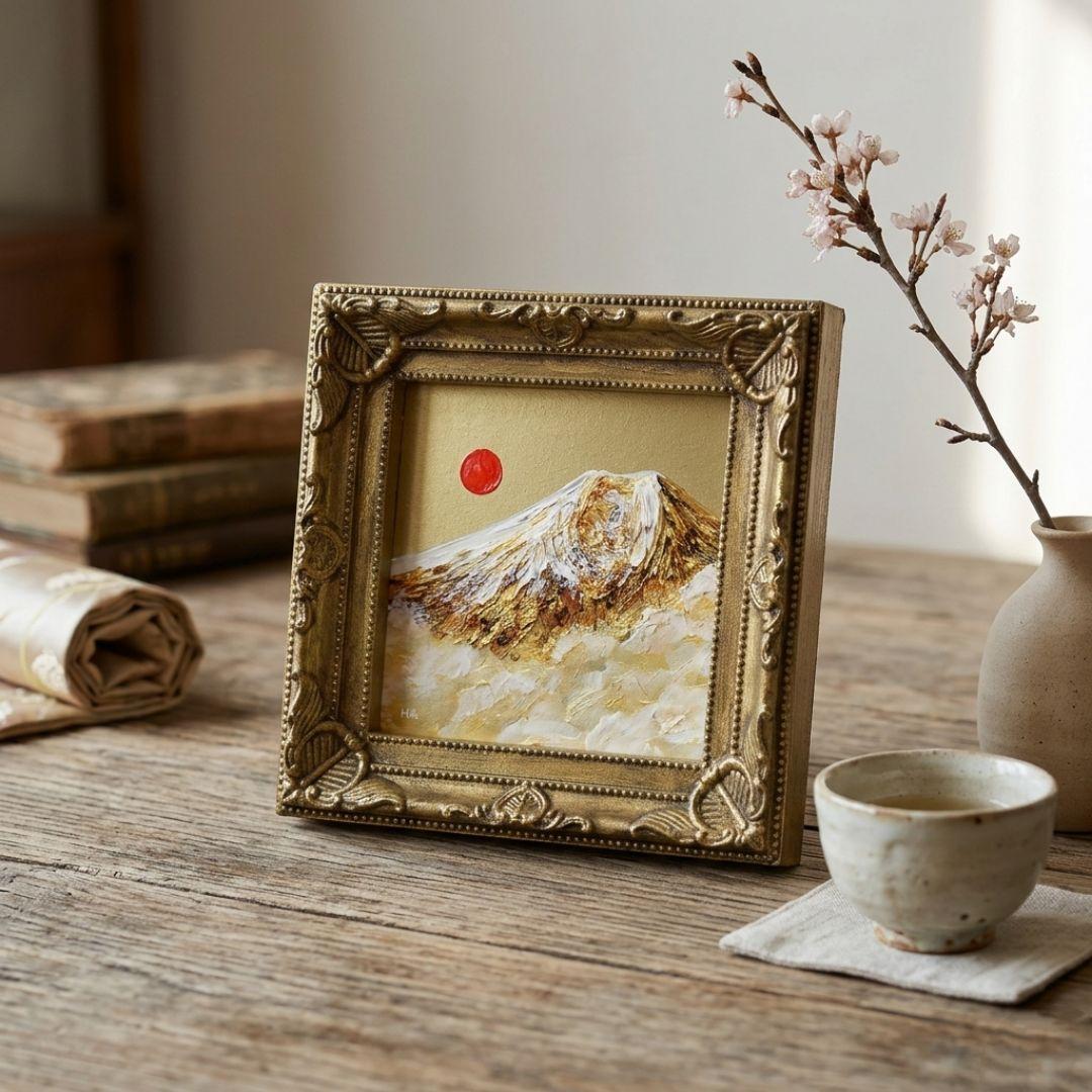【金運・開運】油絵 ミニ絵画 「黄金富士山」原画 額縁・ラッピング付