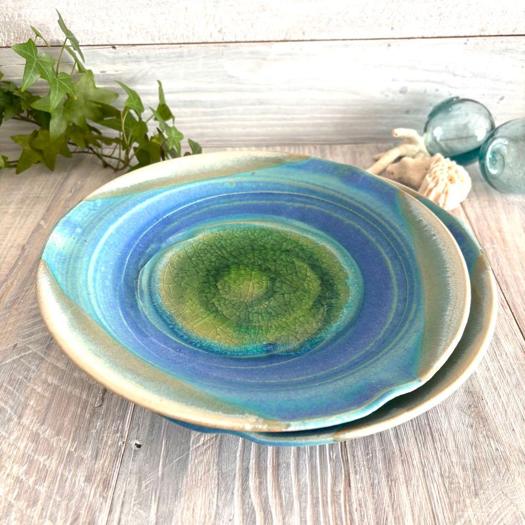 碧 フラワープレート パスタ皿 ターコイズ トルコブルー 2枚セット 益子焼