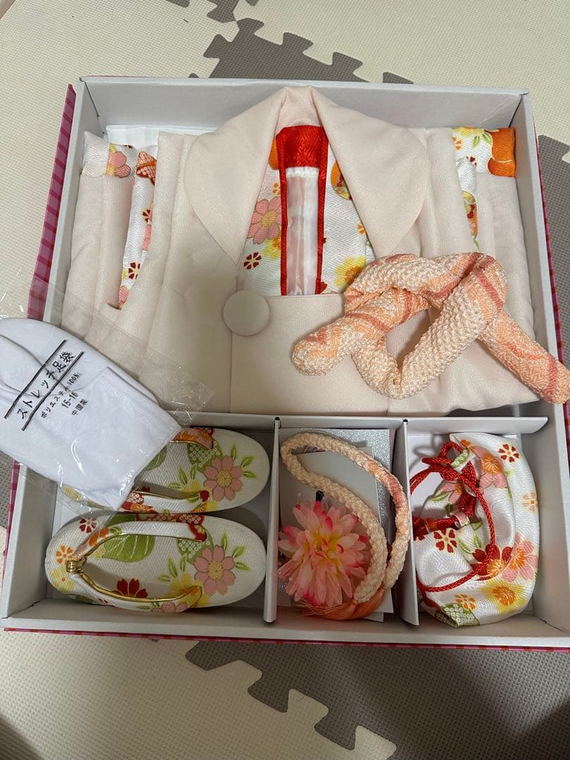 七五三 着物セット 花柄 オレンジ ピンク 黄色　3歳 被布 髪飾り 女の子