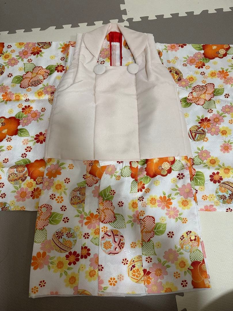 七五三 着物セット 花柄 オレンジ ピンク 黄色　3歳 被布 髪飾り 女の子