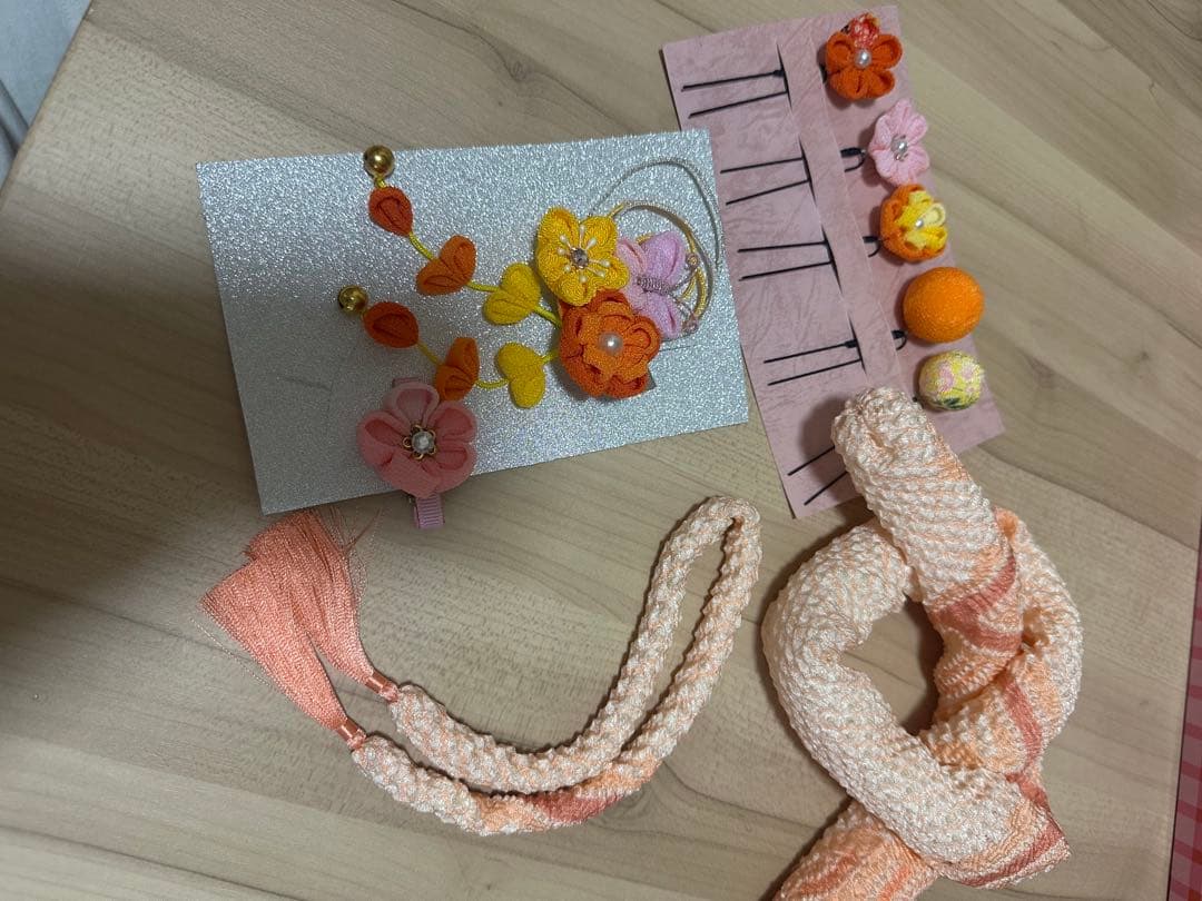 七五三 着物セット 花柄 オレンジ ピンク 黄色　3歳 被布 髪飾り 女の子