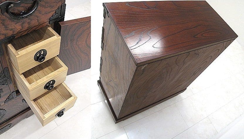 美品 鍵付 岩谷堂箪笥 車箪笥 欅材漆仕上 W82×D41×H98cm 南部鉄器