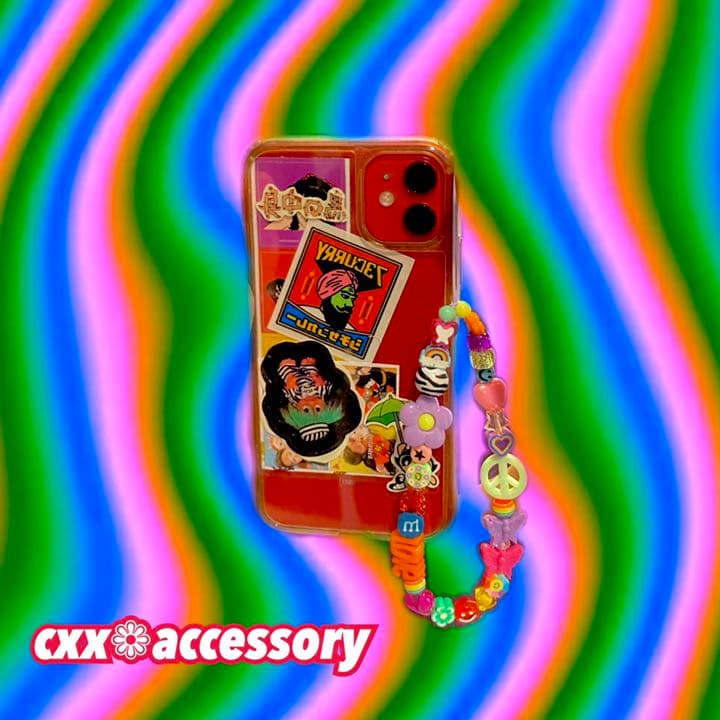 【s-39】ビーズストラップ スマホ❁ニコちゃん カラフル 個性的 古着 韓国