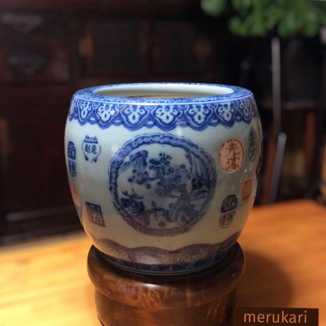 伊万里焼 染付 印判画 人名 窓画 火鉢 古玩 骨董