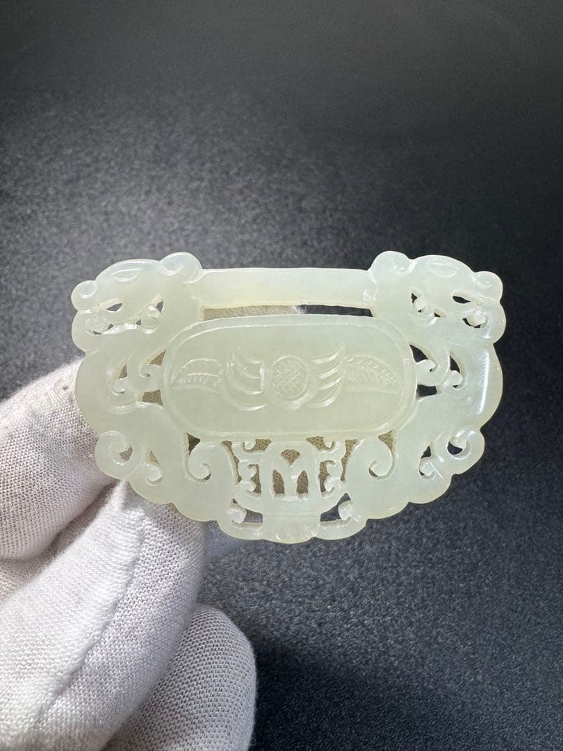 和田玉 和田玉 透かし彫り 双龍図彫刻 玉牌 中国古美術 極細工 旧家蔵出し