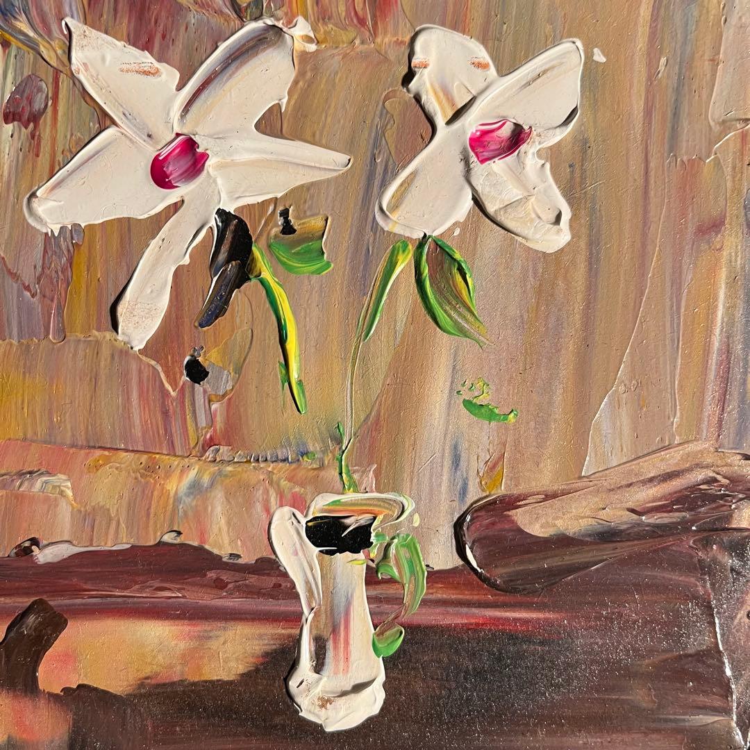 手書き油絵 ４色のお花 額付 絵画 インテリア 油彩画